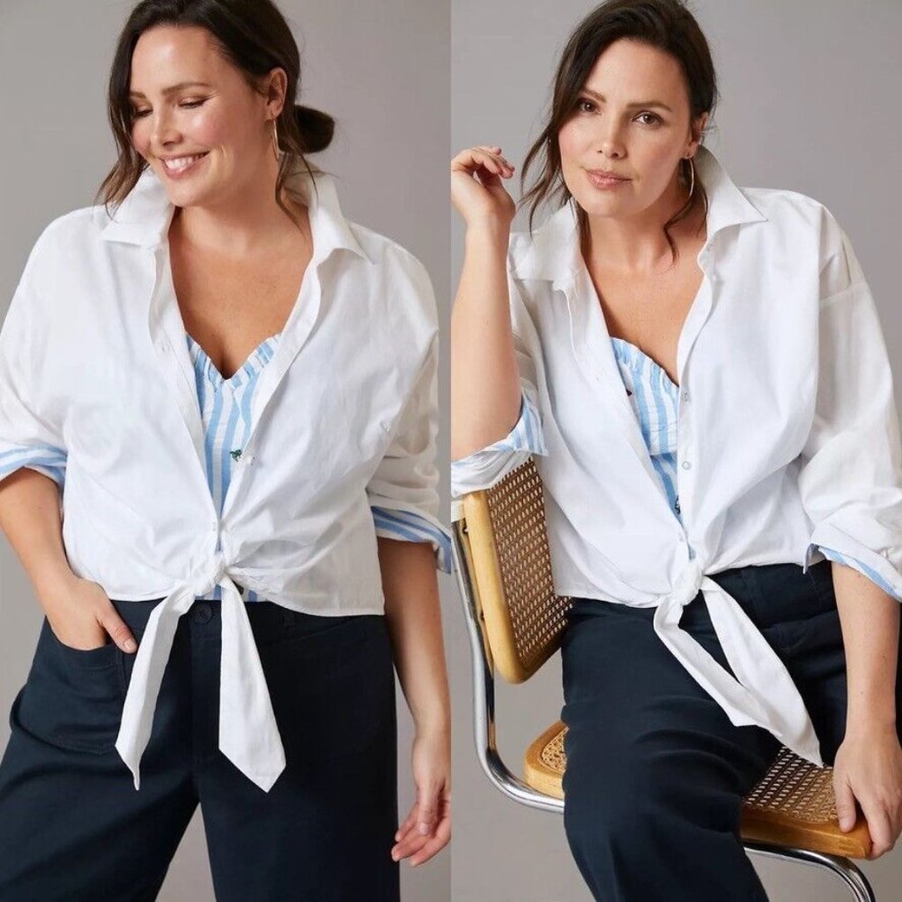 𝟐/$𝟏𝟓 White Front Tie Button Down No Iron Shirt - Chico's ("2" aka L/12) ❧